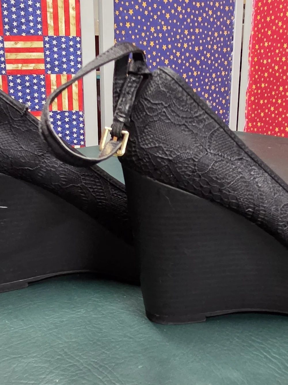 **Black Lace Wedge Pumps with Ankle Strap** - Picture 3 of 8